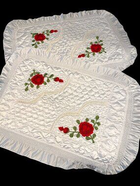 Vintage Bed Pillow Shams Cases Quilted White Satin Red Roses Embroidery
